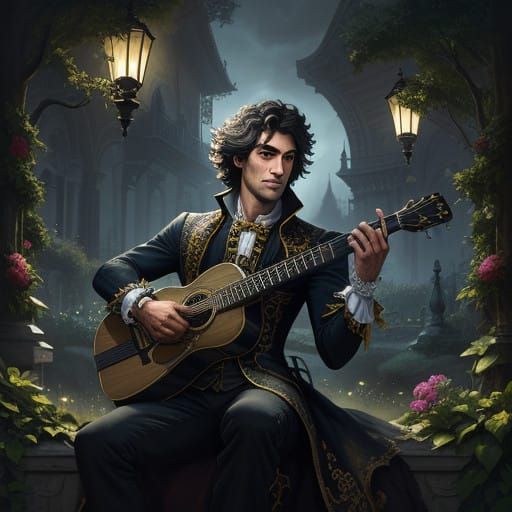 Young Nobleman Plays Spanish Guitar Under Starry Night Sky