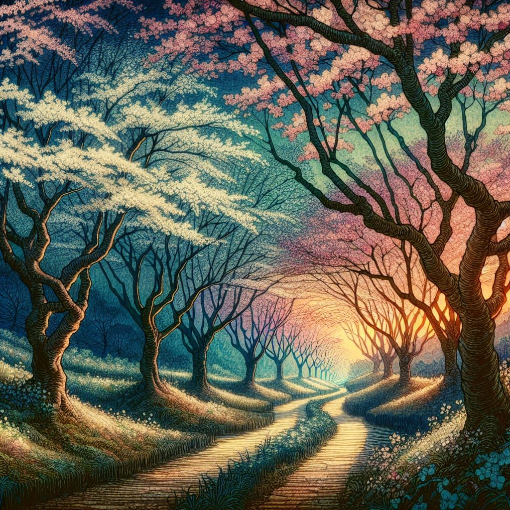 Cherry Blossom Avenue in Dreamy Watercolor Style