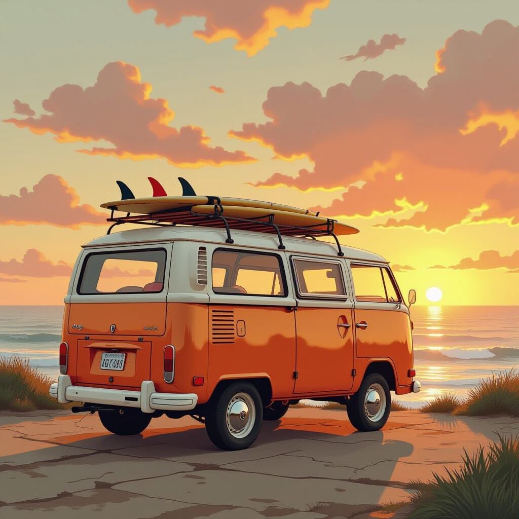 Vintage Camper Van at Sunset in Retro Sci-Fi Style