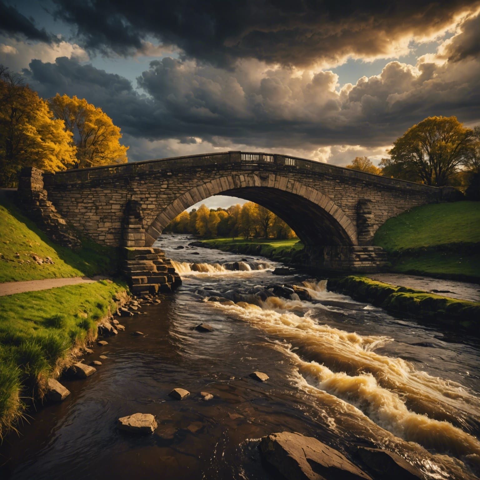 Ancient Stone Bridge Emerging from Turbulent Stormy River
