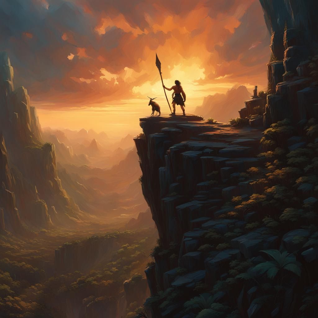 Caveman Gazes at Pteranodons in Dramatic Dusk