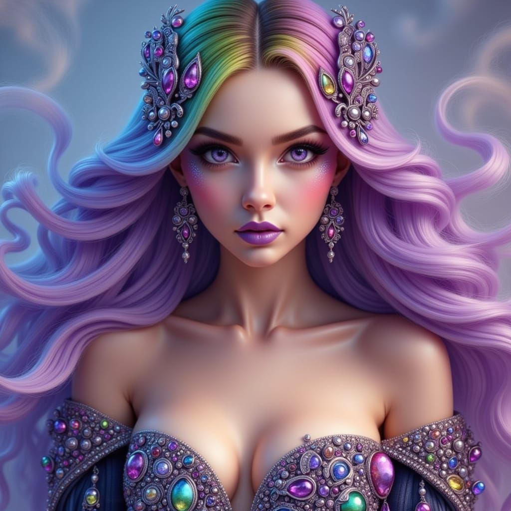 Glamorous Sorceress with Rainbow Hair and Gemstones