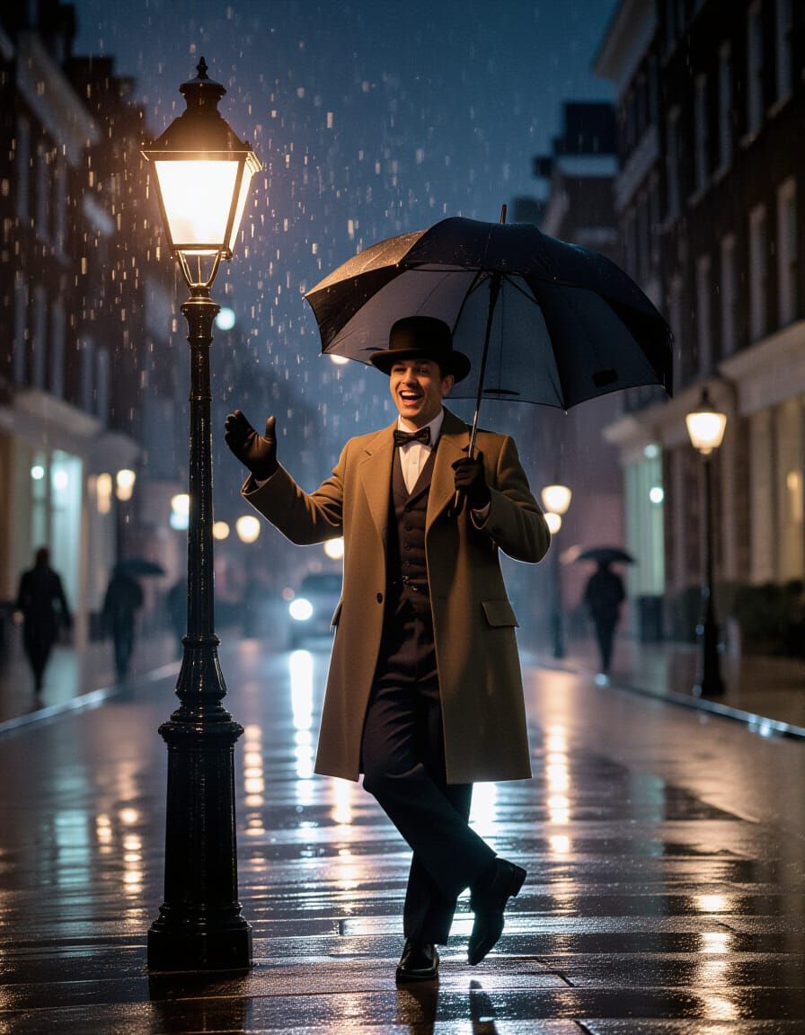 Dapper Man Dancing in Rain Under Streetlight