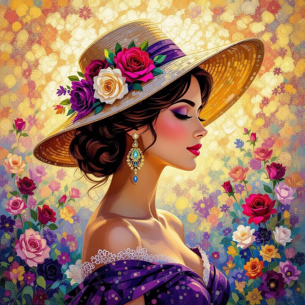 Pointillism Mosaic Portrait of Elegant Woman in Hat