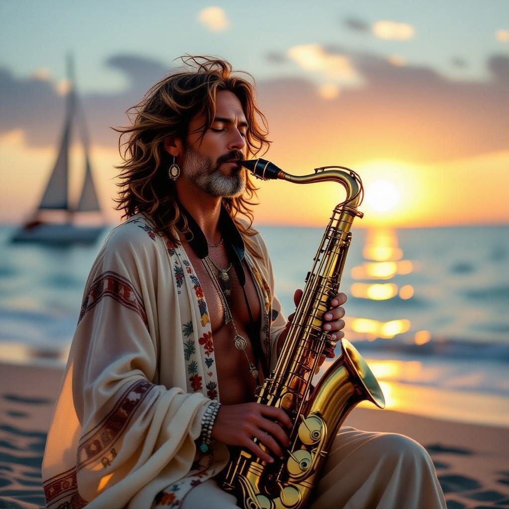 Bohemian Rocker Saxophone Player at Sunset