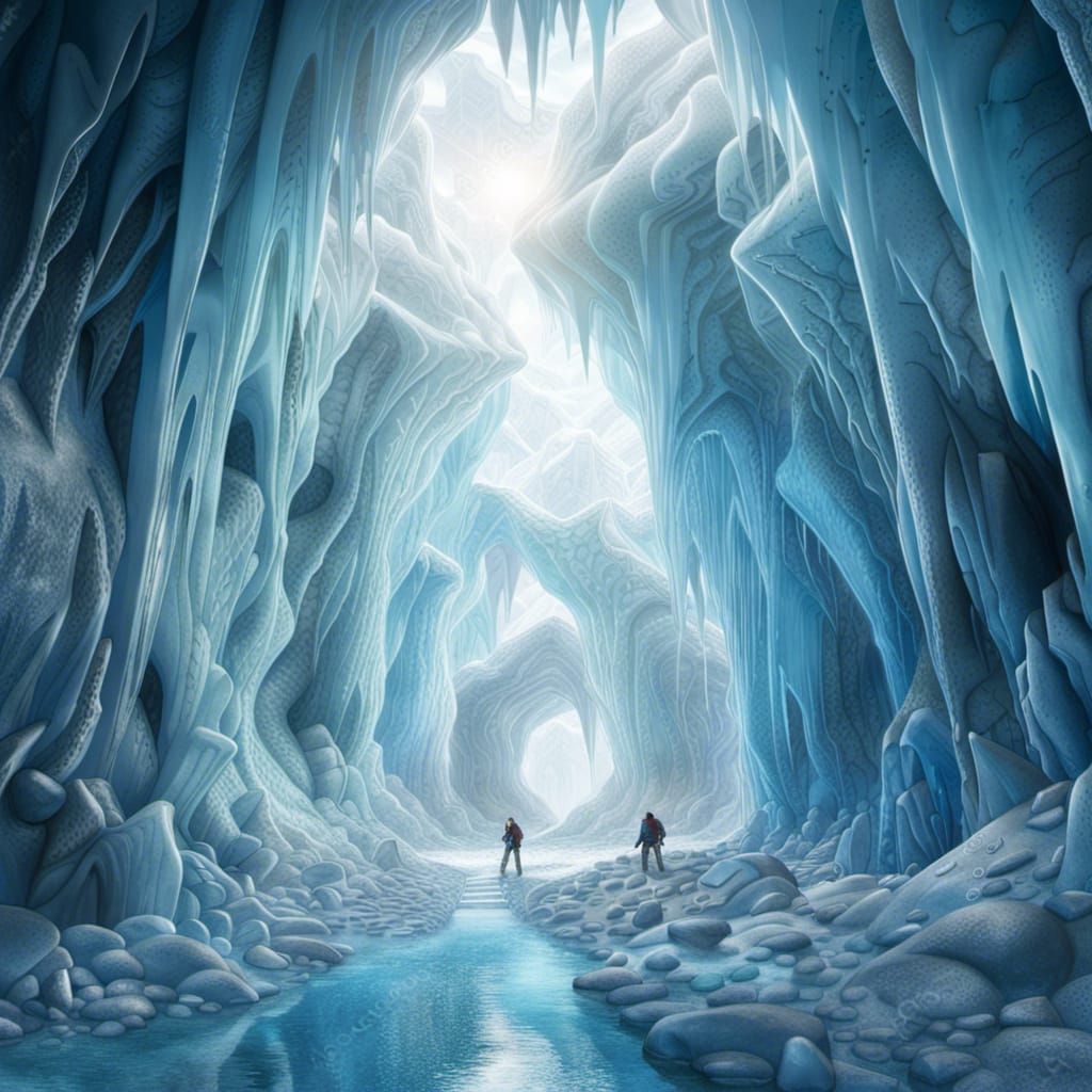 Blue Ice Cavern Tunnels: Hyperrealistic Masterpiece