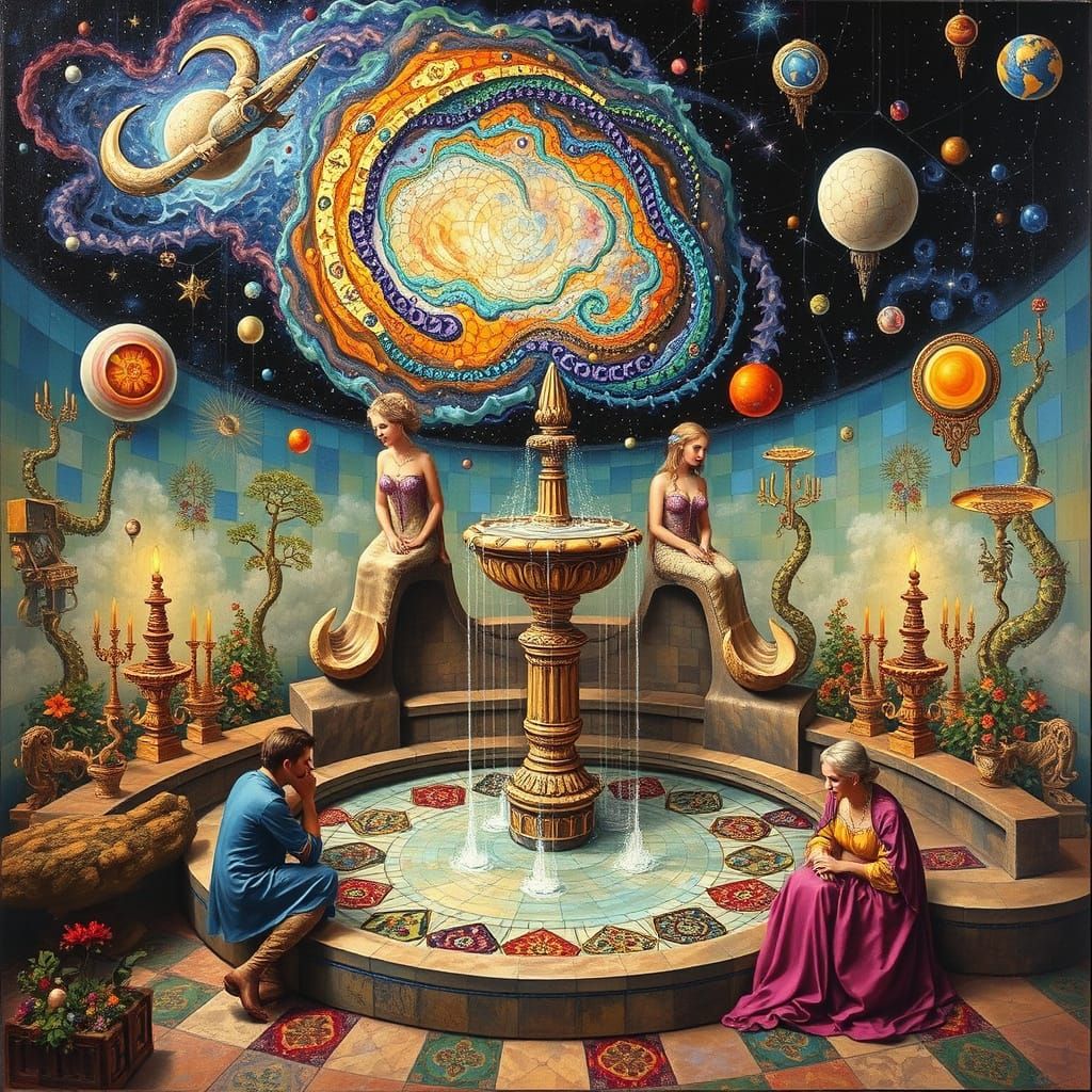 Psychedelic Utopia with Sacred Geometry Fountain