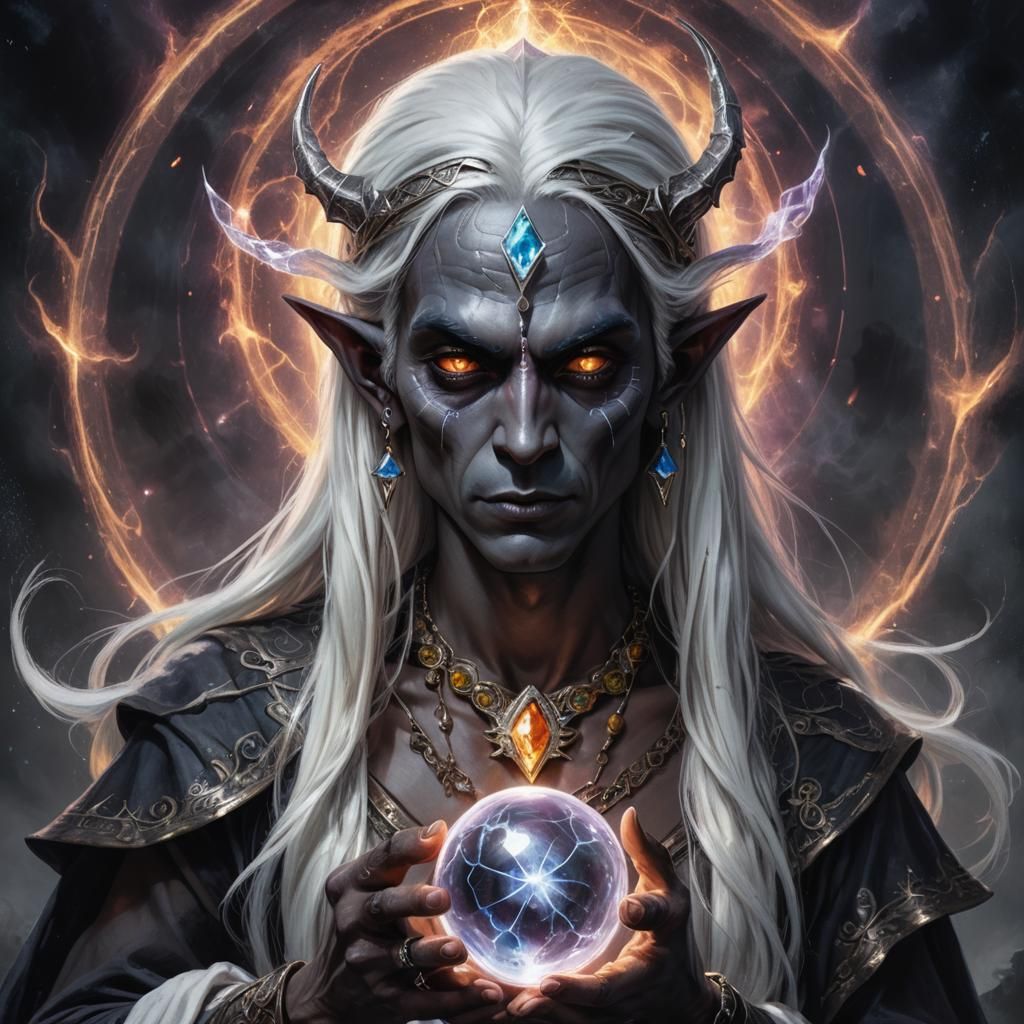 A Dark elf sorcerer, charcoal grey shining skin, long white ...