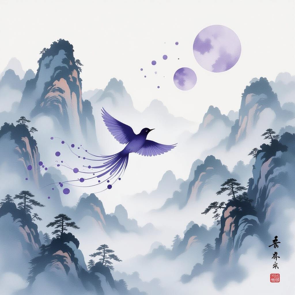 Purple Bird Dissolving into Celestial Ink Art