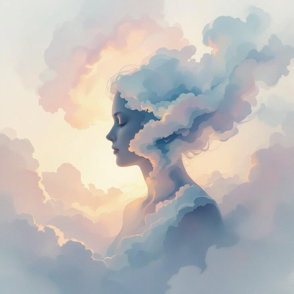 Human Silhouette Dissolving Into Pastel Clouds