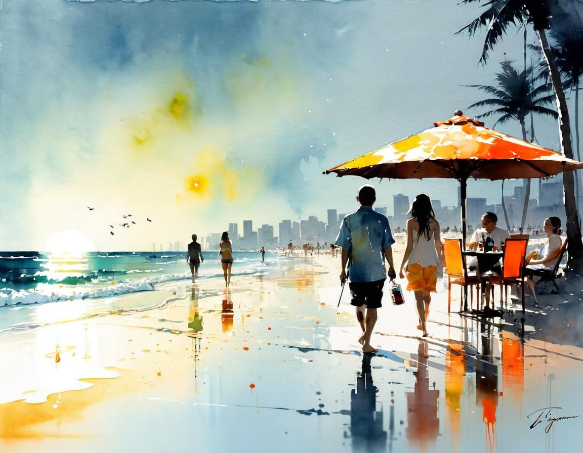 Waikiki Beach Paradise in Watercolor and Ink