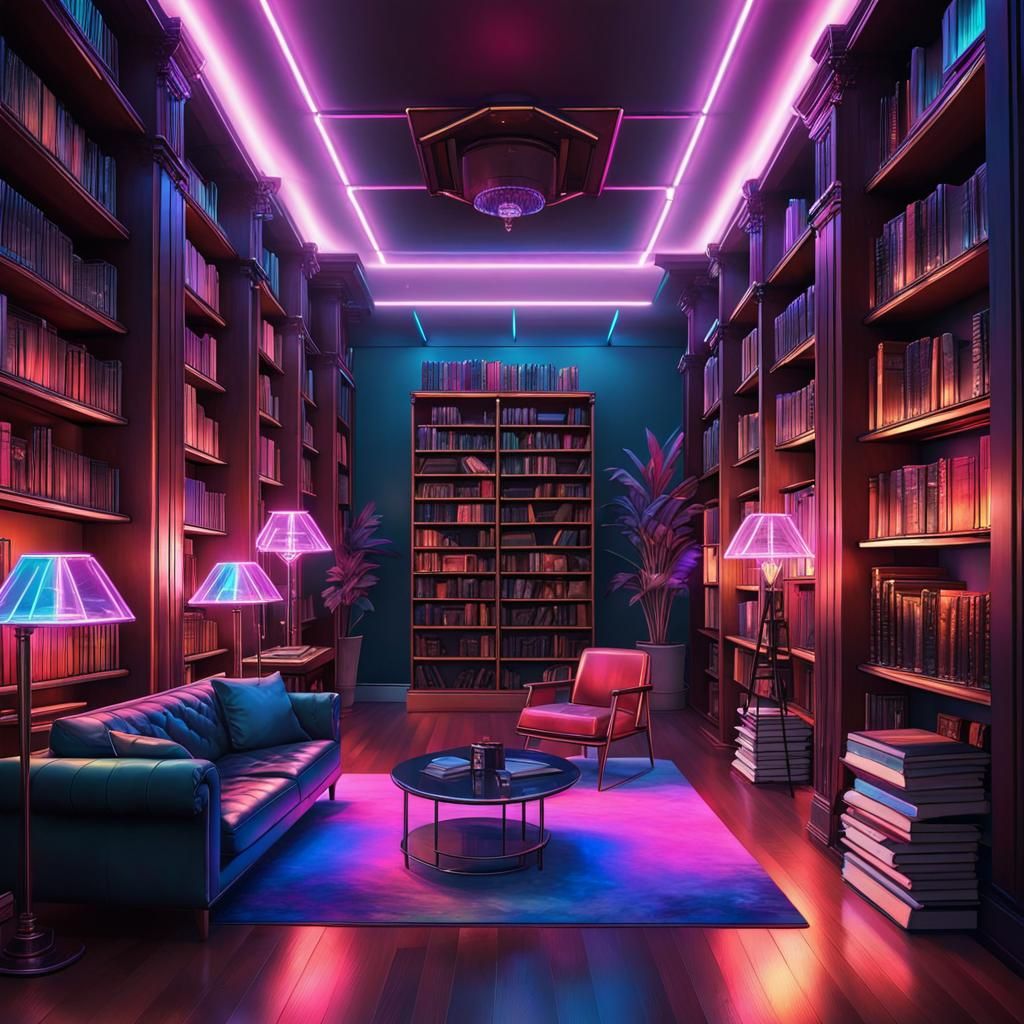 Neon Cyber Library in Synthwave Style