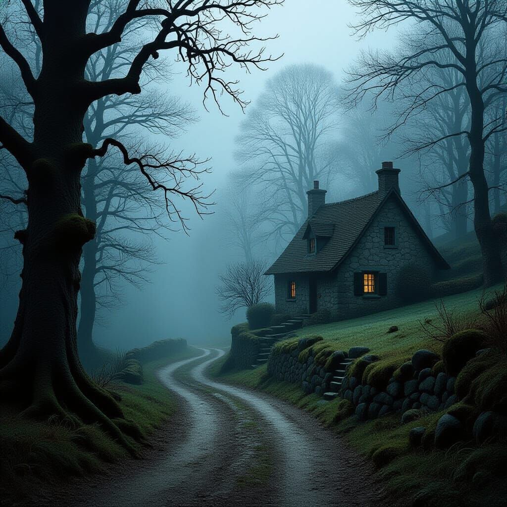 Mystical Country Lane in Shadowy Woods