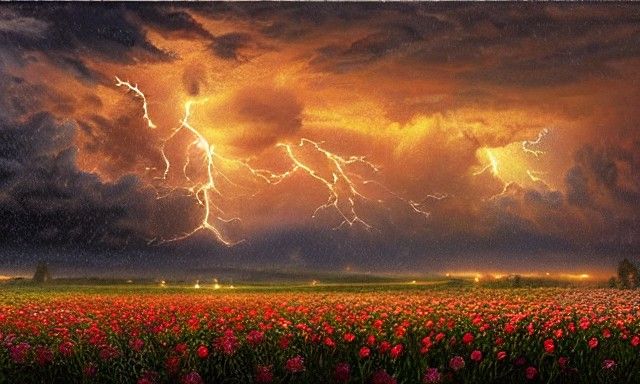 Thunderstorm and Blizzard Over Rose Field: Detailed Matte Pa...