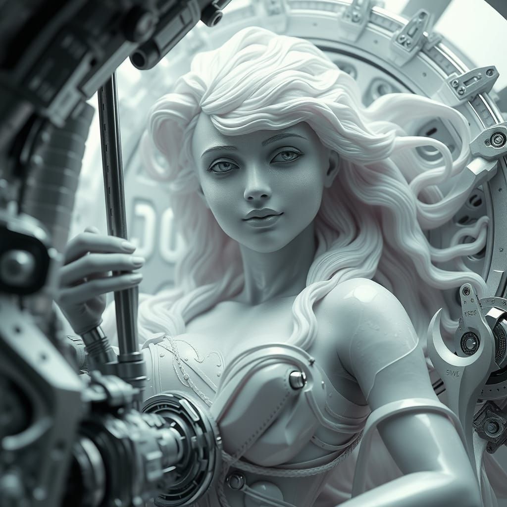 Aphrodite in Monochrome Watercolors with Sci-Fi Details