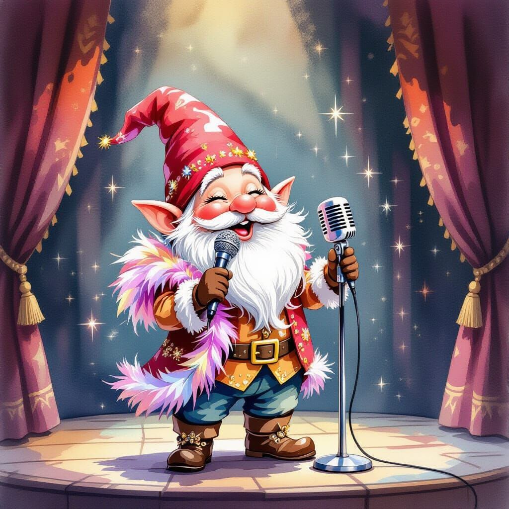 Gnome Cabaret Singer in Detailed Watercolor Style