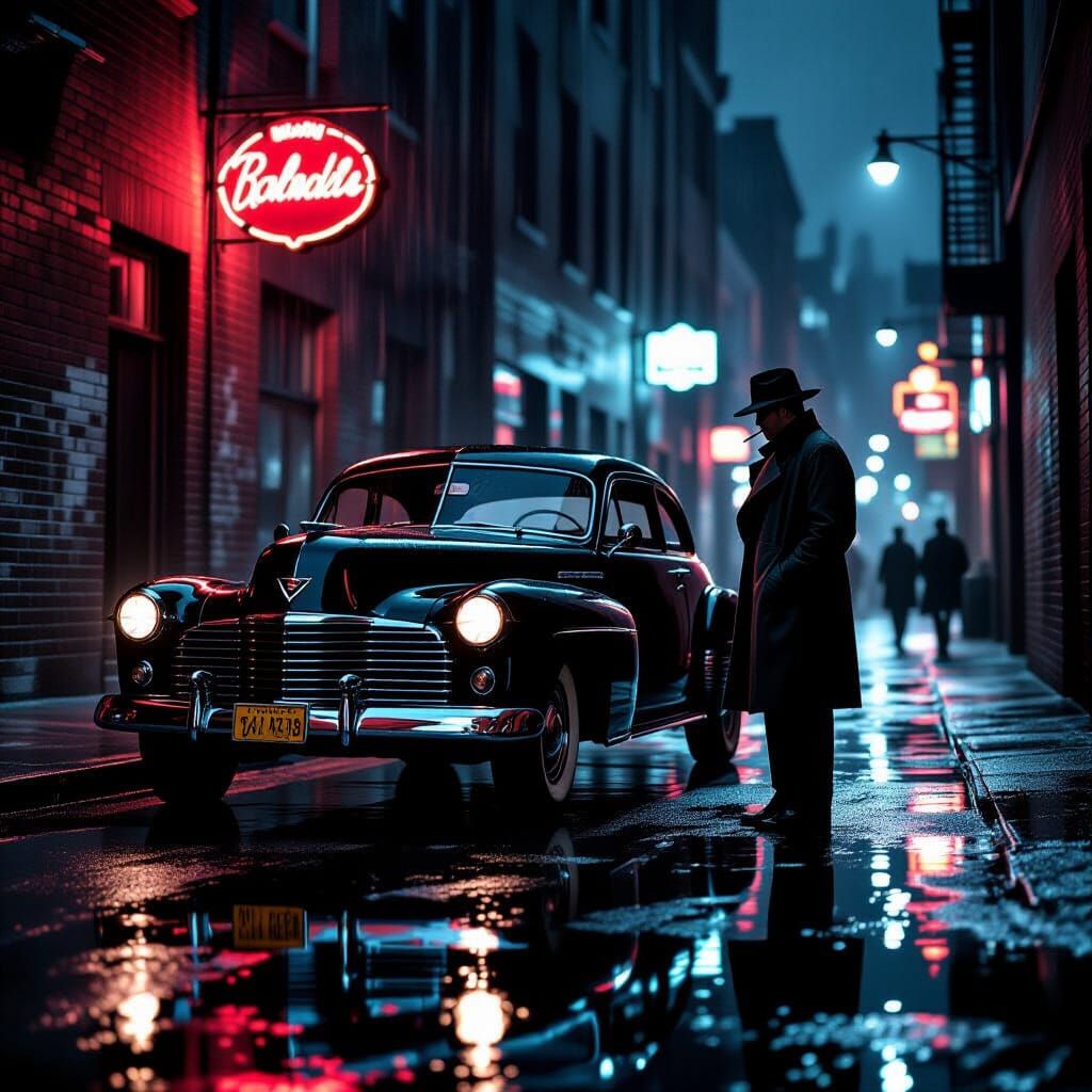 Noir Cadillac in Rainy Alley at Night