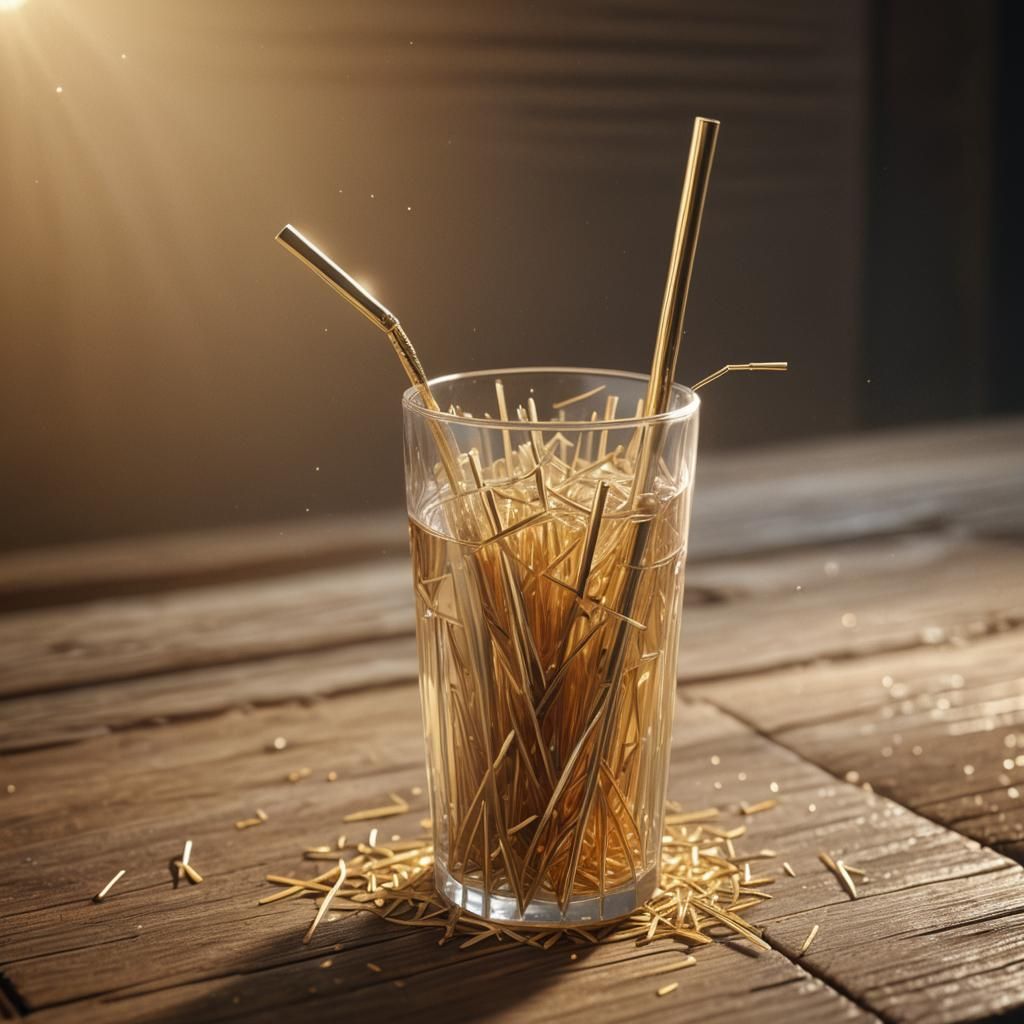 Hyper-Realistic 3D Straw on Wooden Table