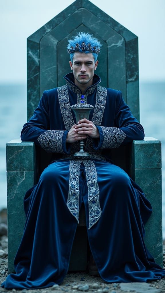 Icy King on Marble Throne in Gothic Sci-Fi Style