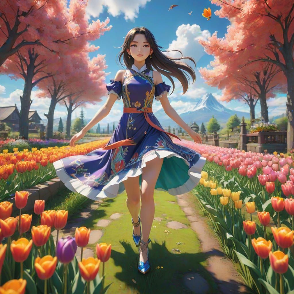 Whimsical Field of Tulips in Vibrant Colors