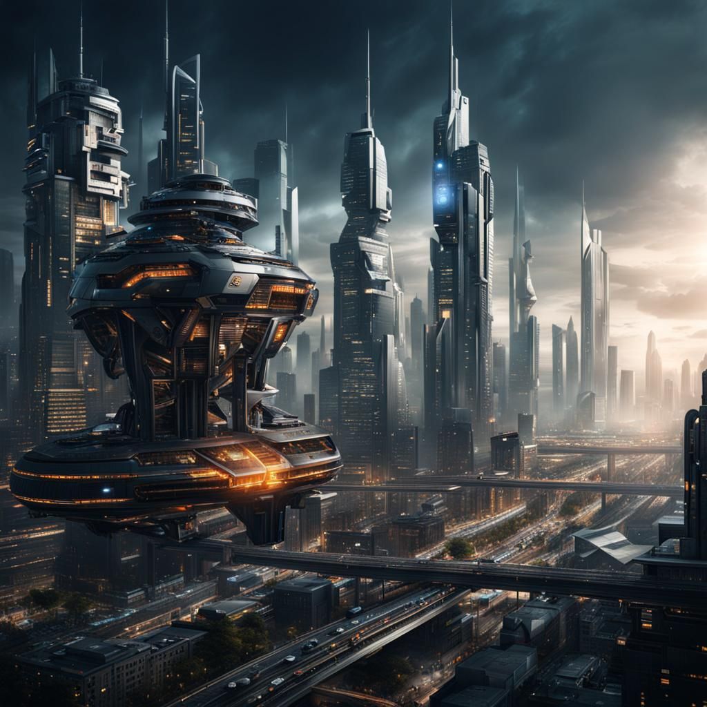 Futuristic Cityscape with Autonomous Robots: Digital Matte P...