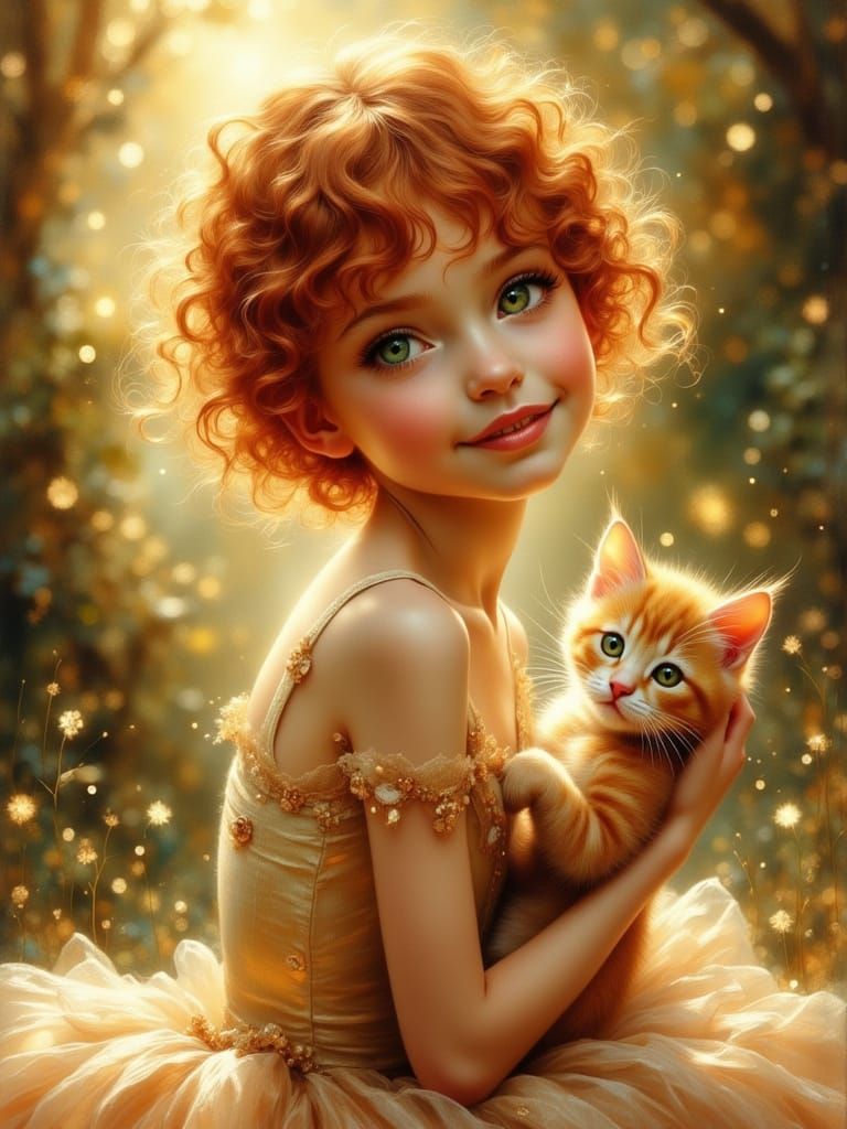 Redhead Dancer with Kitten in Dreamlike Illustration