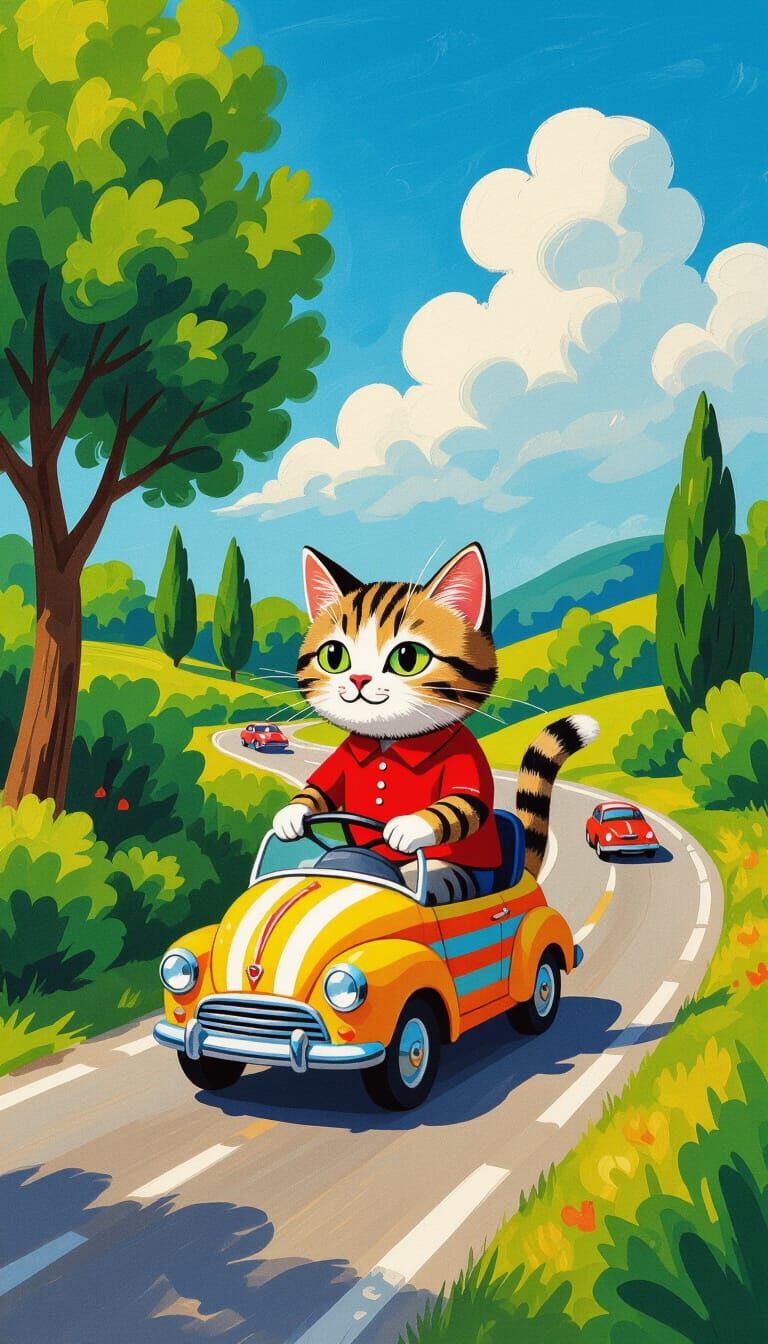 Striped Cat Drives Car: Gouache Watercolor Art