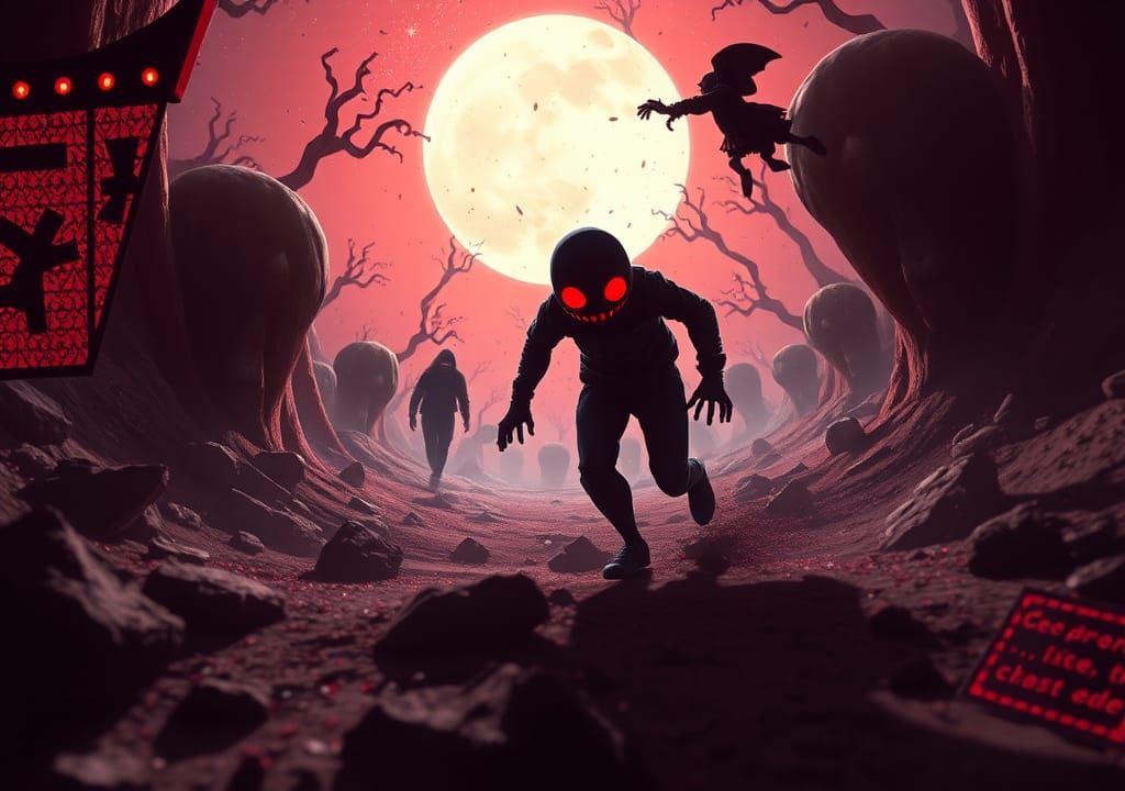 pop nightmare in the style of a cgi world where you are being chased, the pursuer gets closer and the terror builds as e...