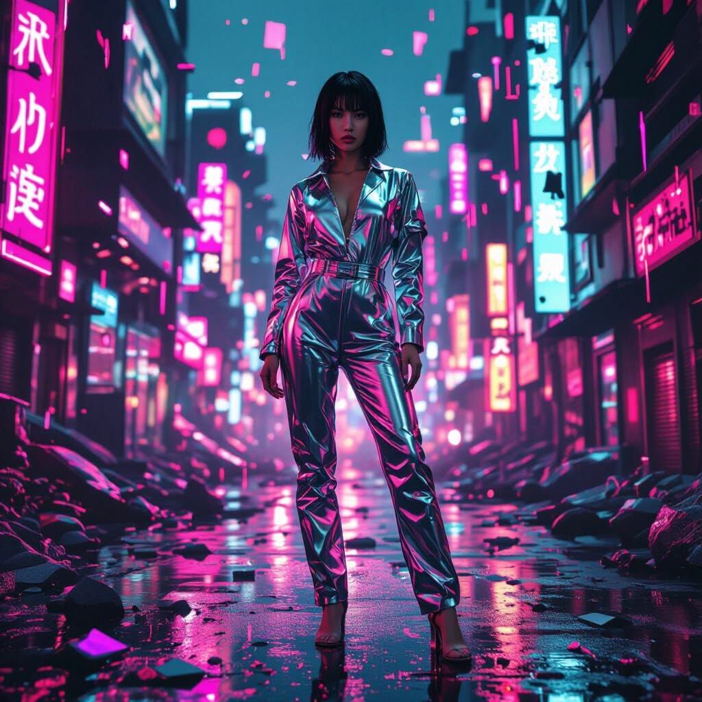 Defiant Woman in Glitchcore City, a Surrealist Vision