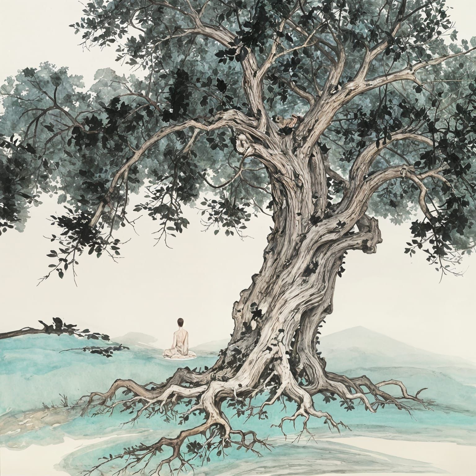 Meditative Figure Under Ancient Tree in Ethereal Afterlife L...