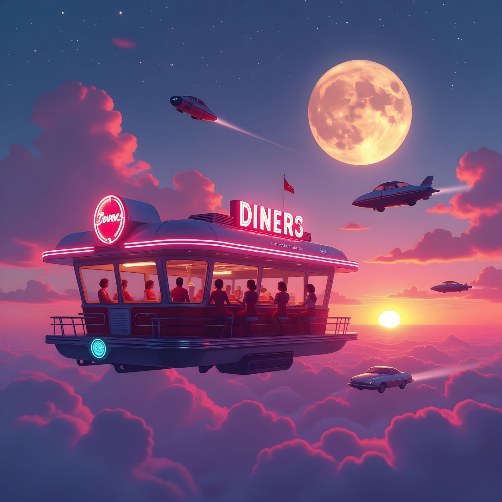 Retro-Futuristic Diner Floats Through Sunset Clouds