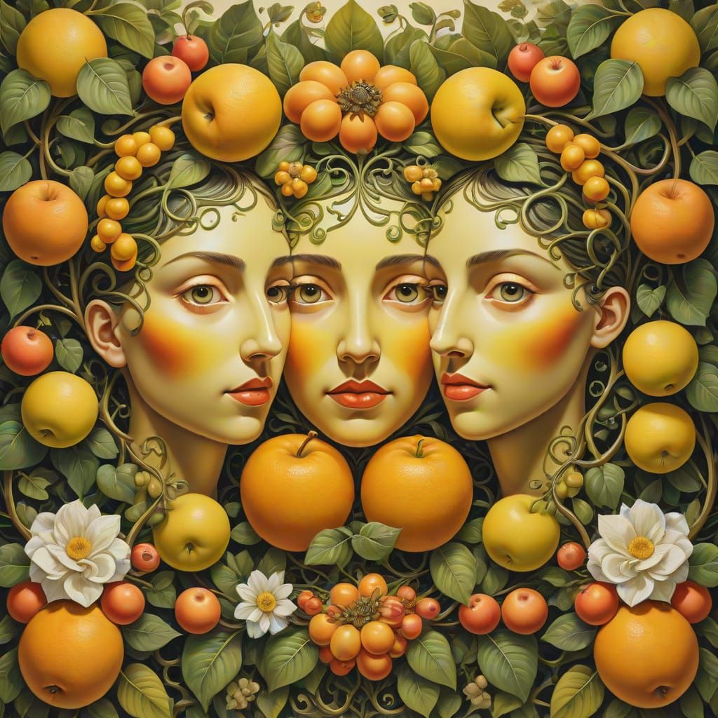 Symmetrical Surrealism: Fruit, Flowers, and Faces Entwined