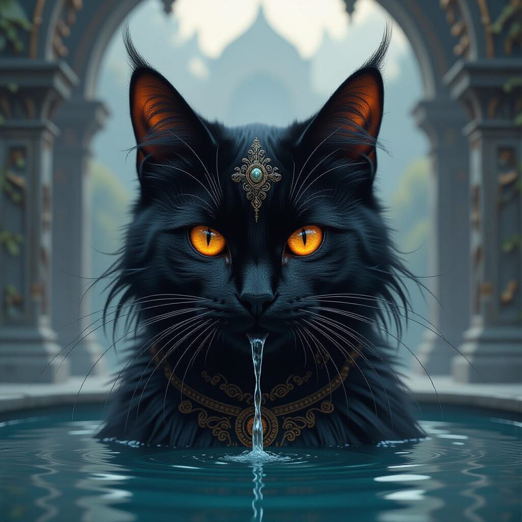 Gothic Black Cat Fountain Sculpture