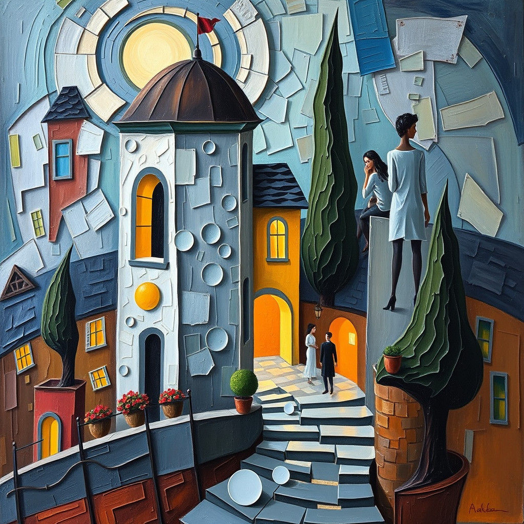 Romantic Abstract Cubism Oil Painting 'Rollin' Home'