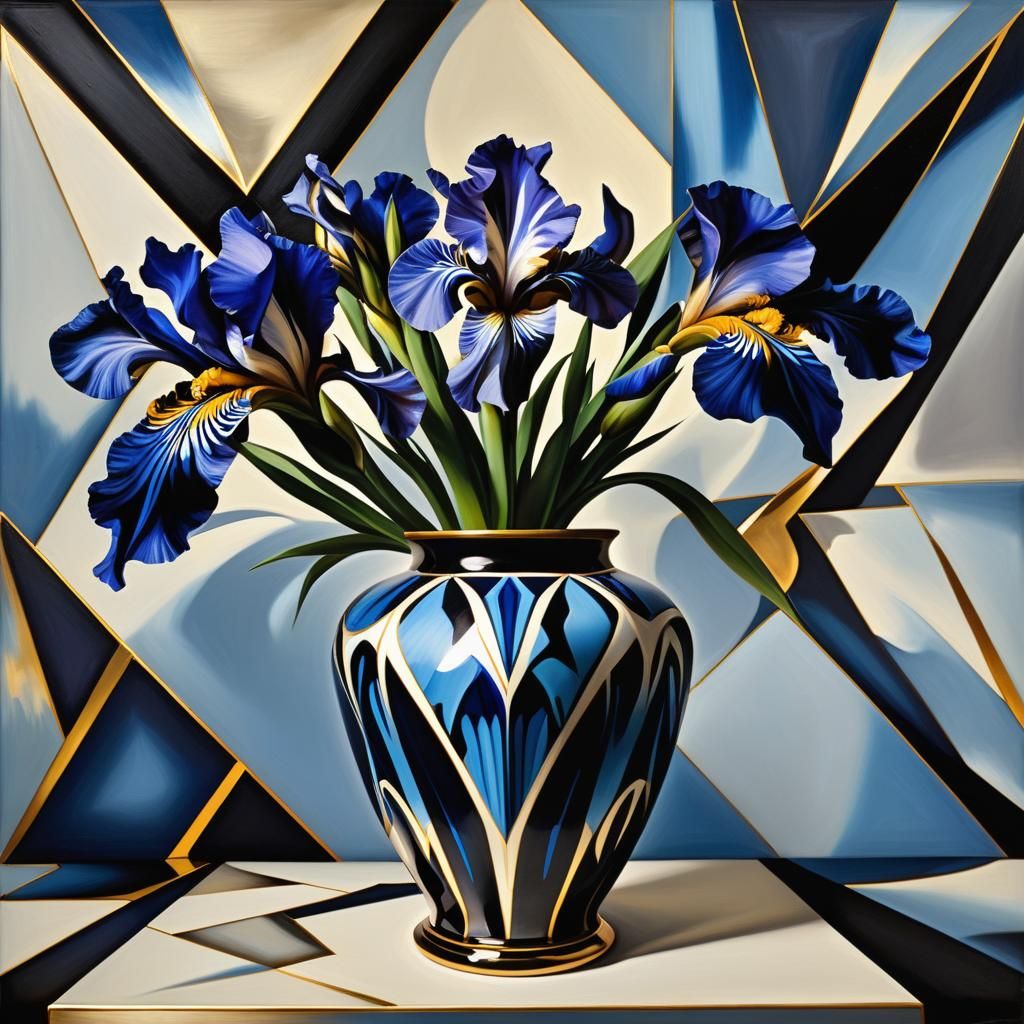 Black and Blue Iris Still Life in Maximalist Style