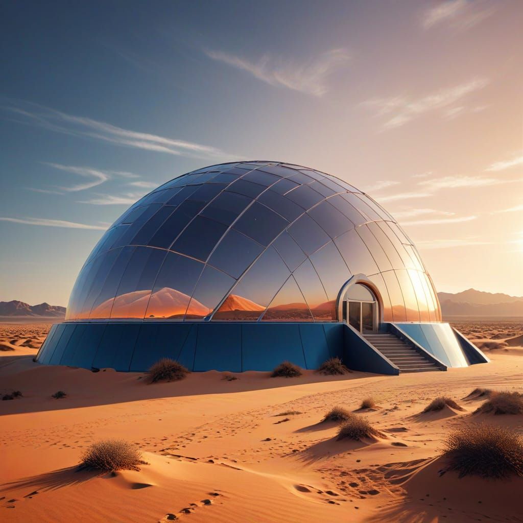Futuristic Desert Planetarium with Glowing Dome