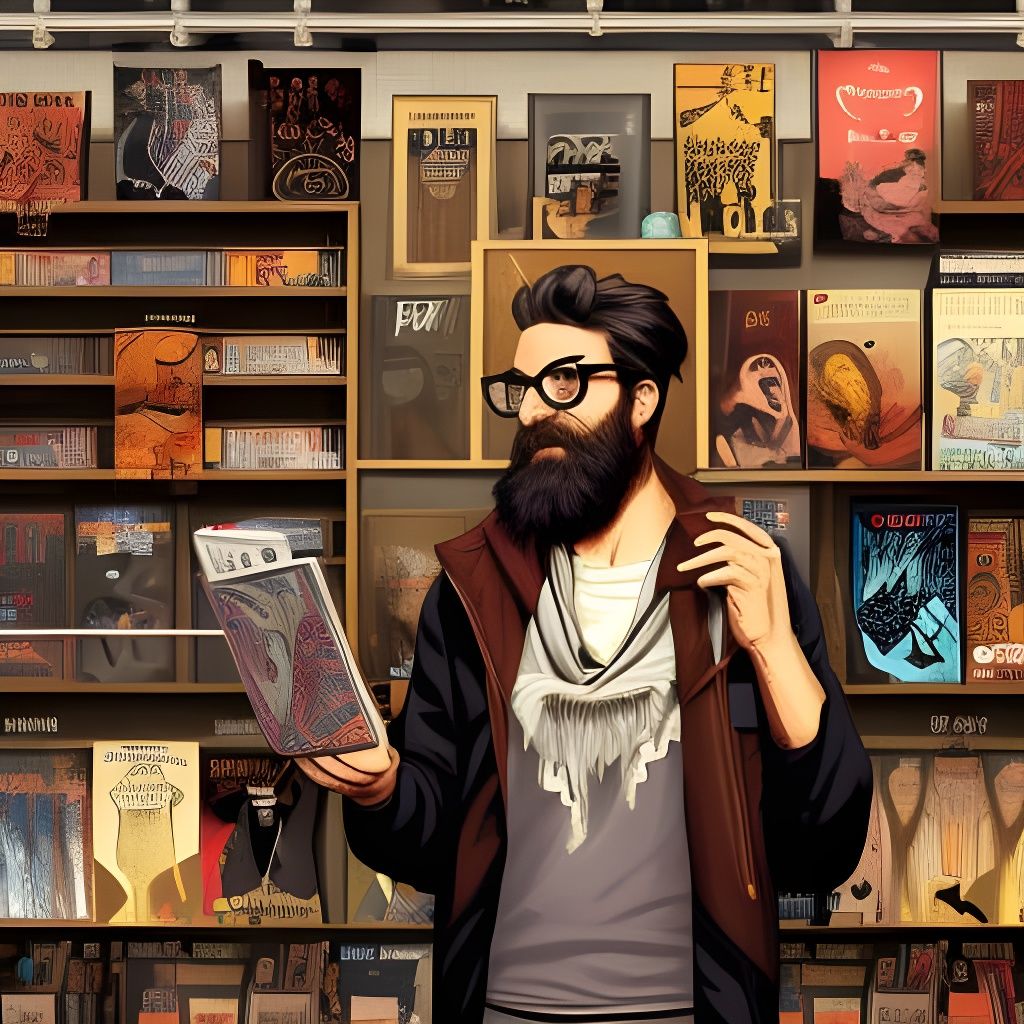 Hipster Shopping for Vinyl Records in Comic Book Style