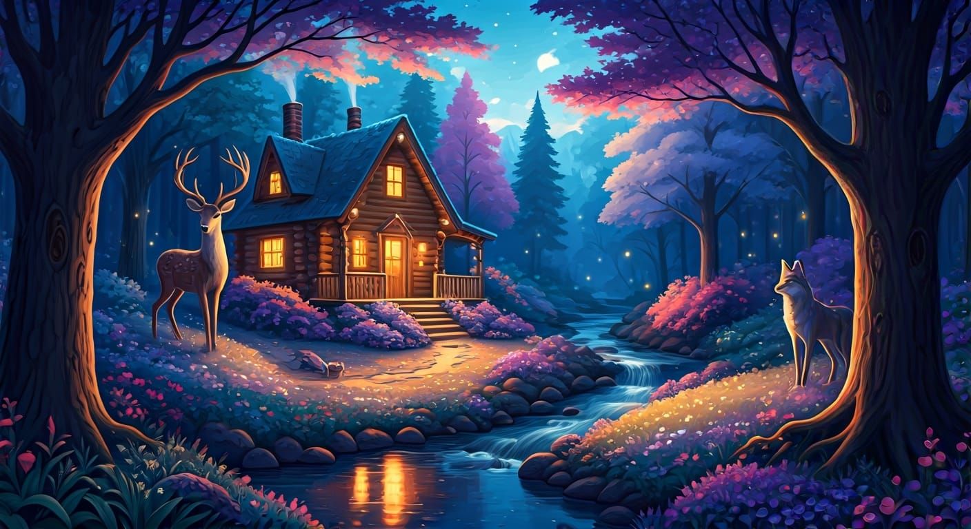 Enchanted Forest Cabin at Twilight in Watercolor Style
