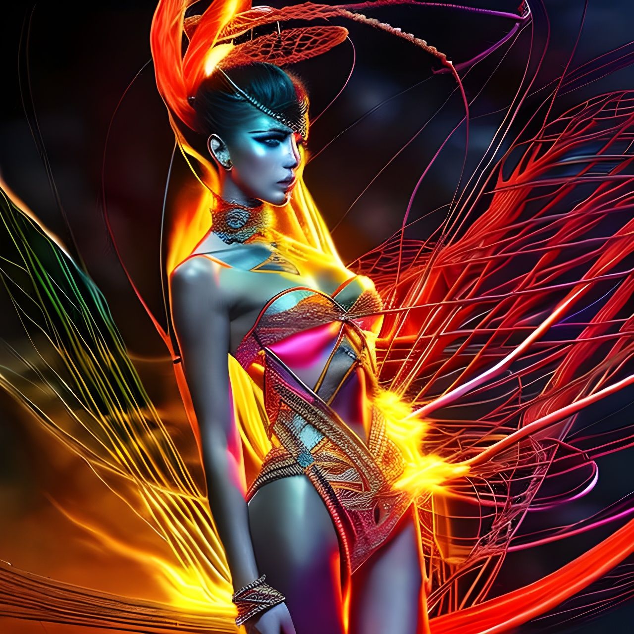 Luminous Shibari Warrior Goddess in Plasma Mesh