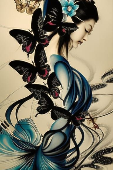 Geisha with Butterflies in Ink Flow Style