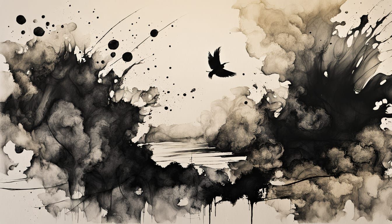 Figure Contemplates Void in Japanese Ink Wash Style