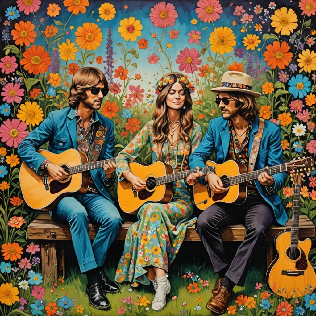 Psychedelic Hippies in Flower Power Ink Painting