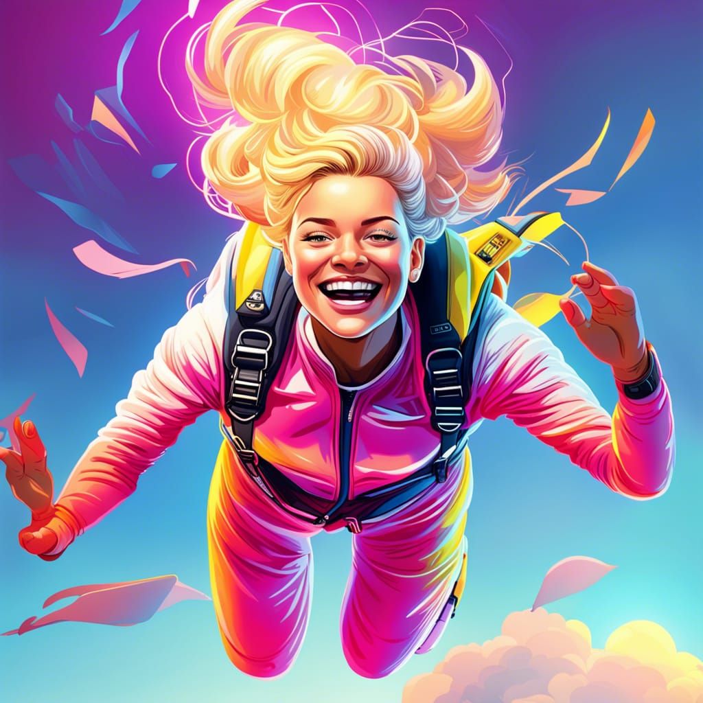 Elegant Skydiver in Neon Lit Freefall: 3D Digital Art
