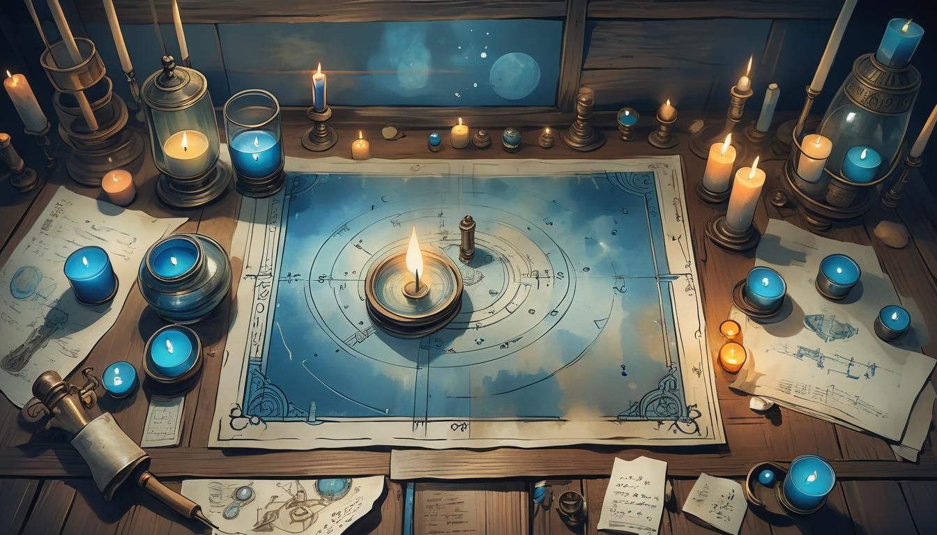 Arcane Blueprints Illuminated by Eerie Orbs in Watercolor