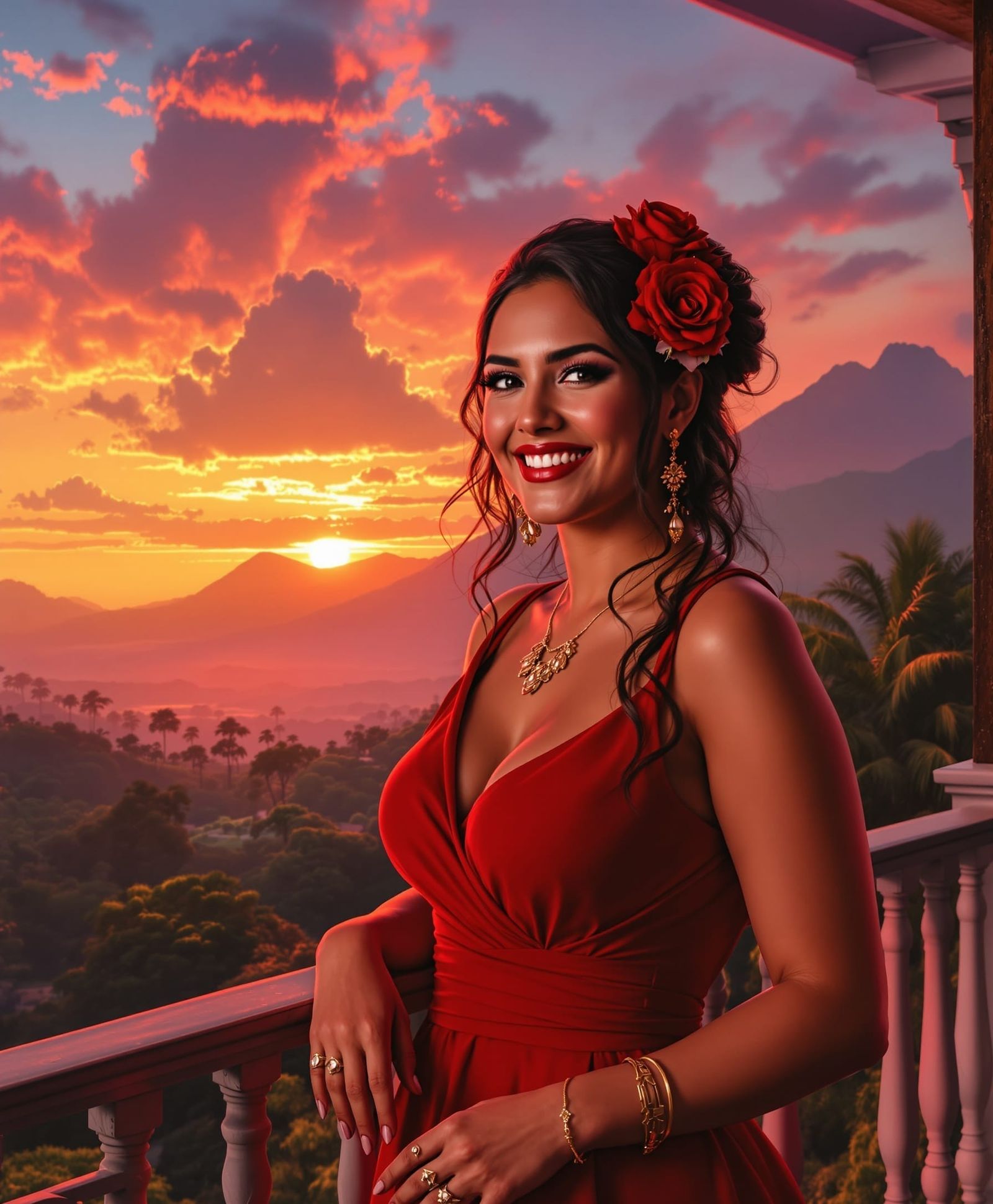 Colombian Woman at Sunset on Balcony