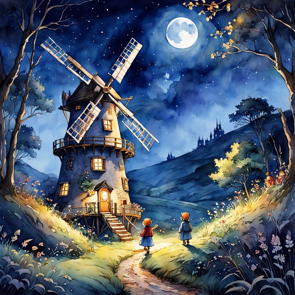 Whimsical Windmill Scene in Brambley Hedge Style