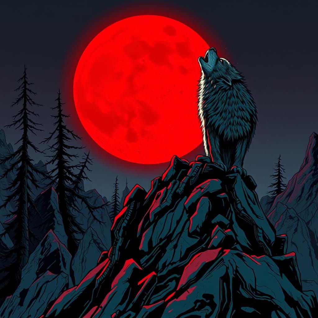Lone Wolf Howls at Blood Moon in Gritty Sci-Fi Scene