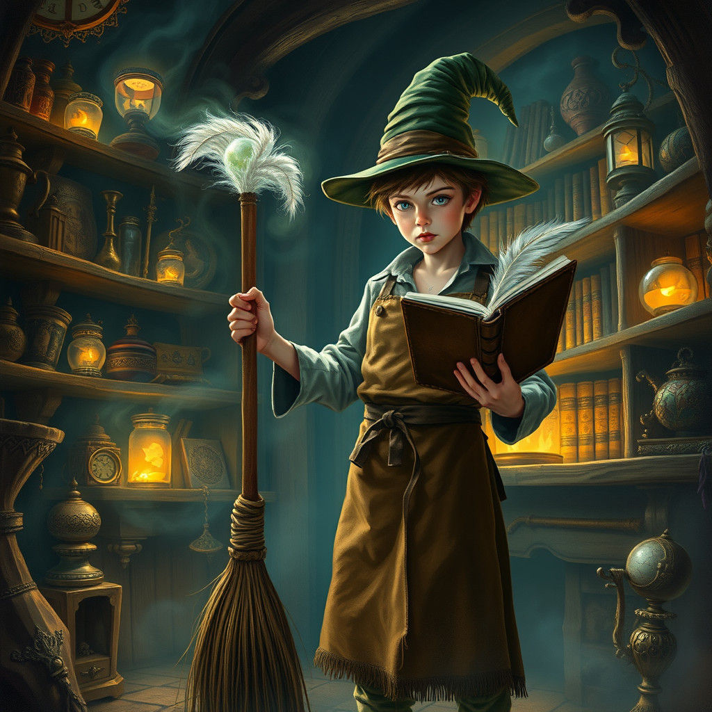 Enchanting Broom: Sorcerer's Apprentice in Mystical Workshop