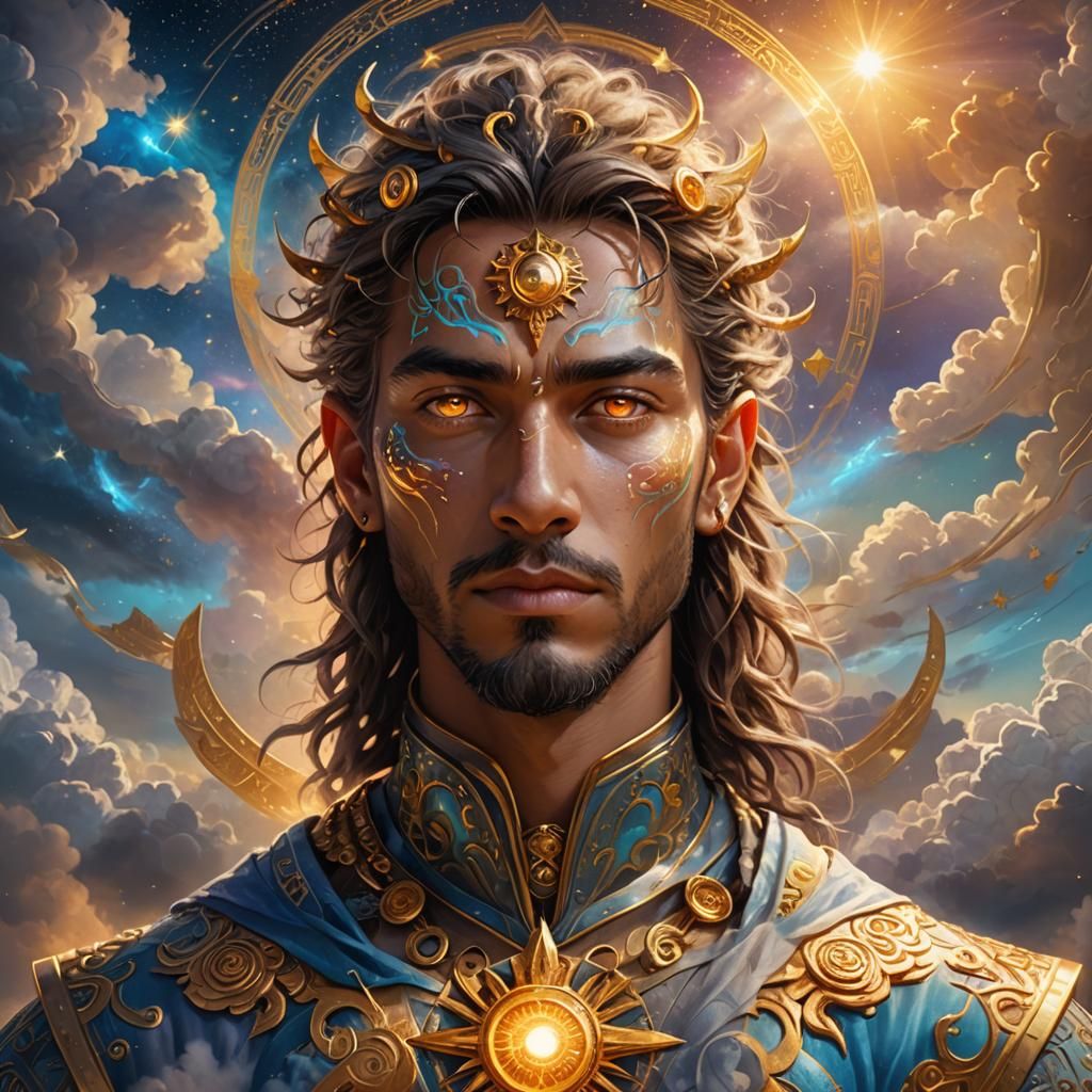 Mystical Ra Portrait with Glowing Eyes, Art Nouveau Style