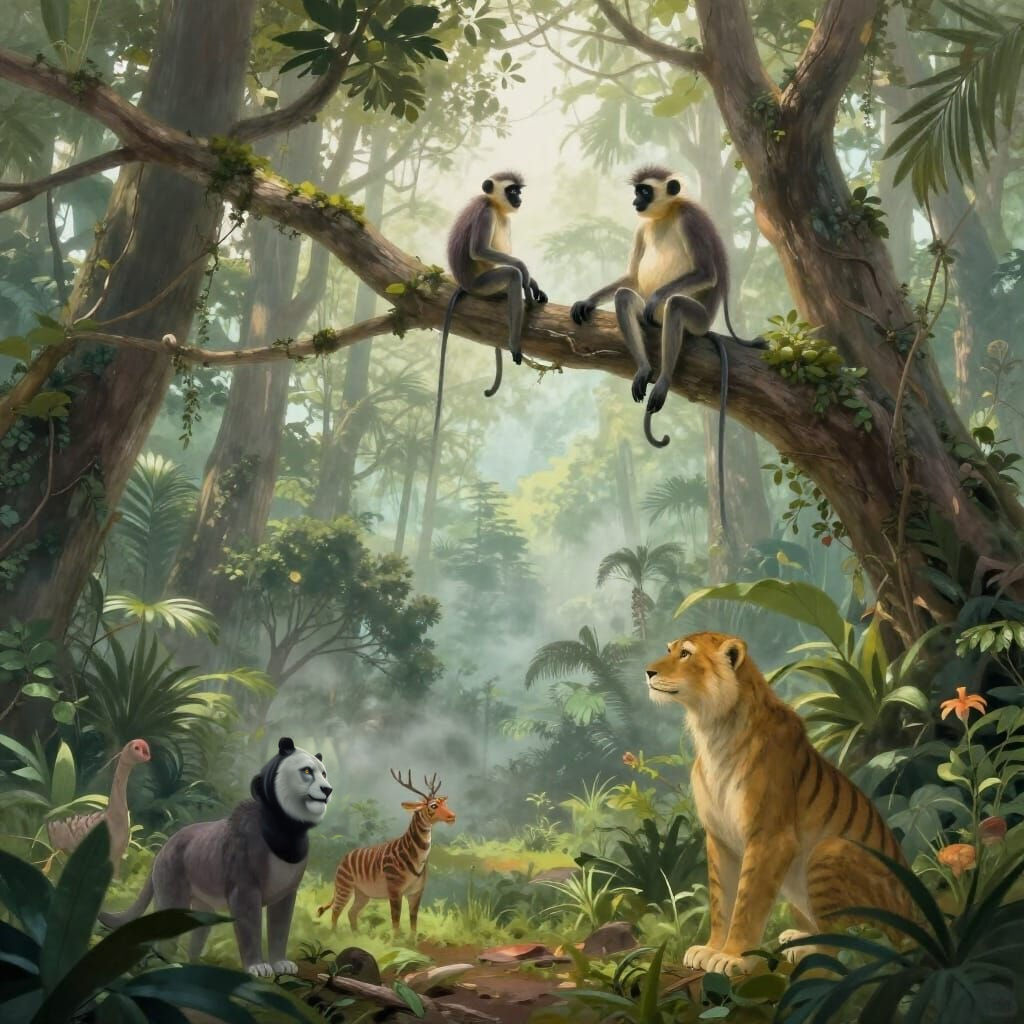 Ethereal Fantasy Jungle With Animals and Monkeys